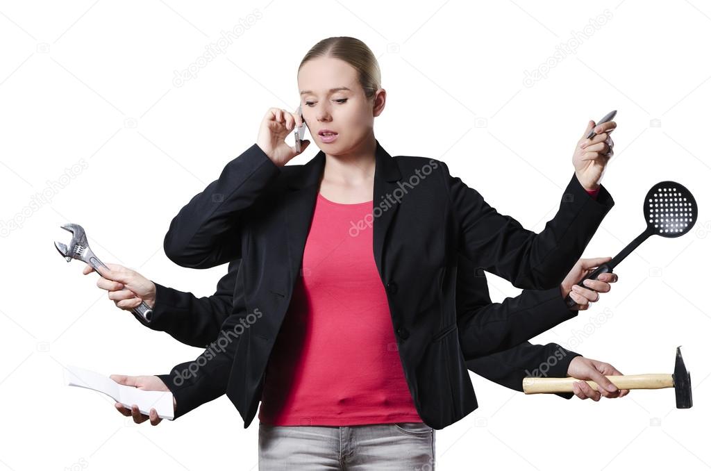 Blonde woman multitasking on a white background