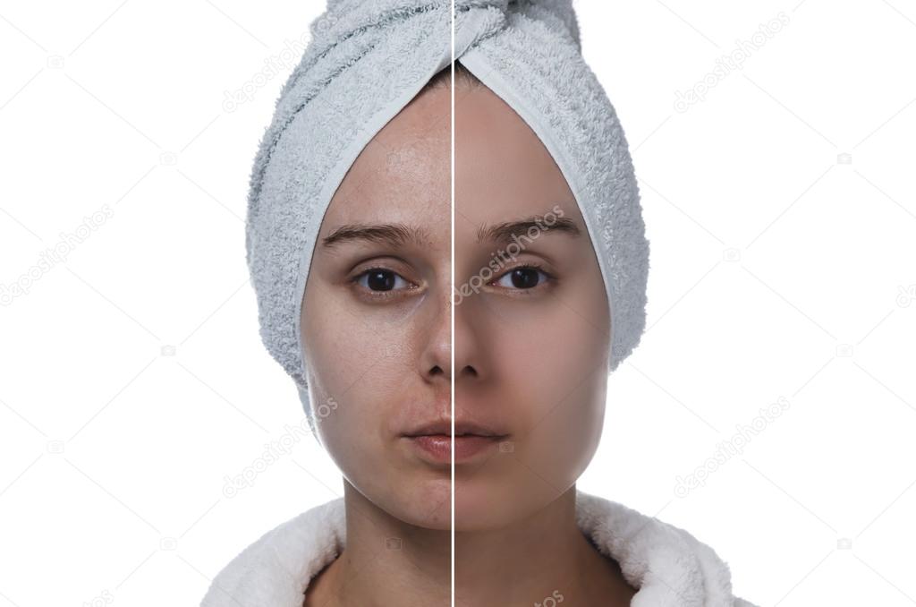 Woman's face before and after makeup horizontal