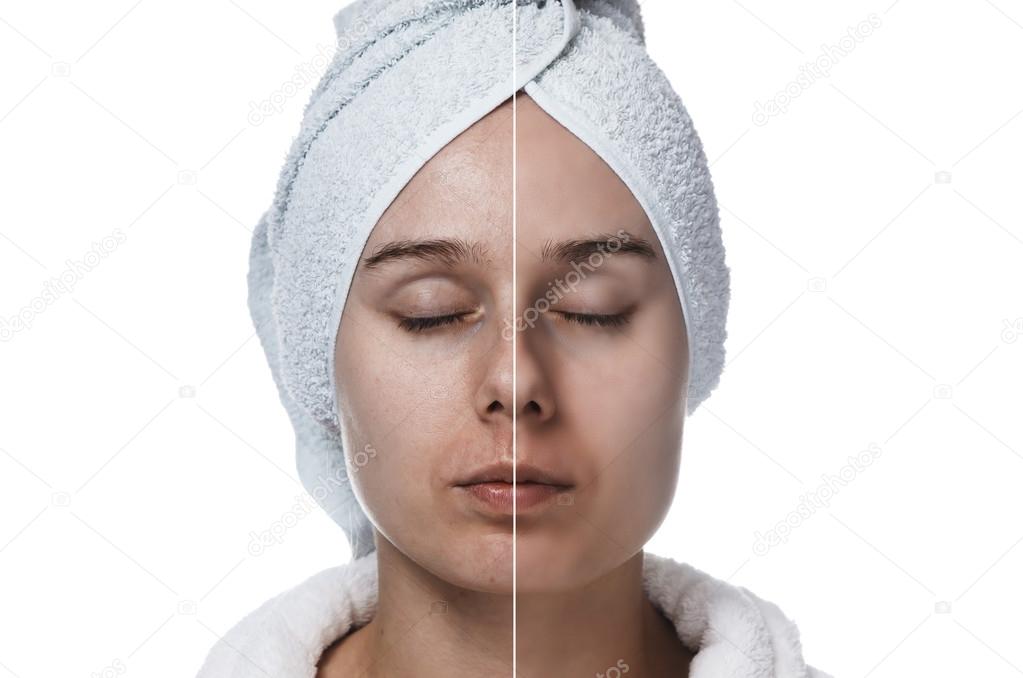 Woman with closed eyes before and after makeup horizontal