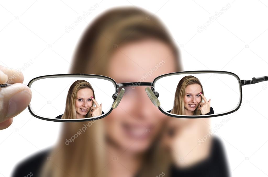 blonde woman through glasses
