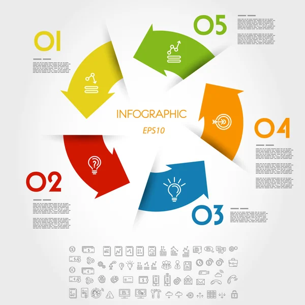 Cinco setas infográficas coloridas com ícones — Vetor de Stock