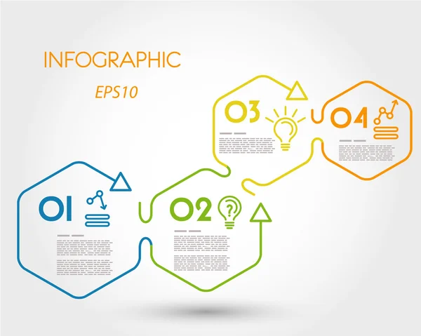 Hexagones infographiques linéaires colorés avec flèches — Image vectorielle