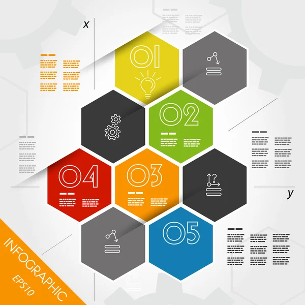 Färgglada infographic hexagoner med axeln — Stock vektor