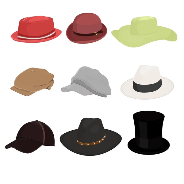 Set di cappelli di nove isolati su sfondo bianco — Vettoriale Stock