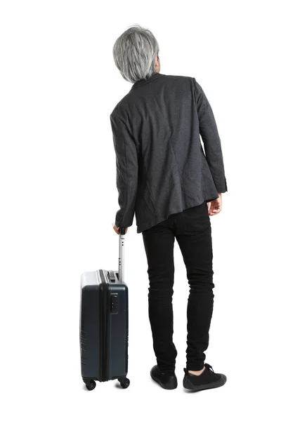 Senior Asian Businessman Standing Luggage White Background — Stock Photo, Image