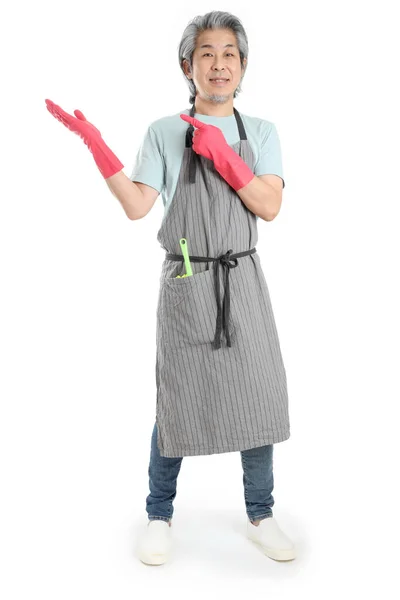 Senior Asian Housekeeper Standing White Background — Stock Photo, Image