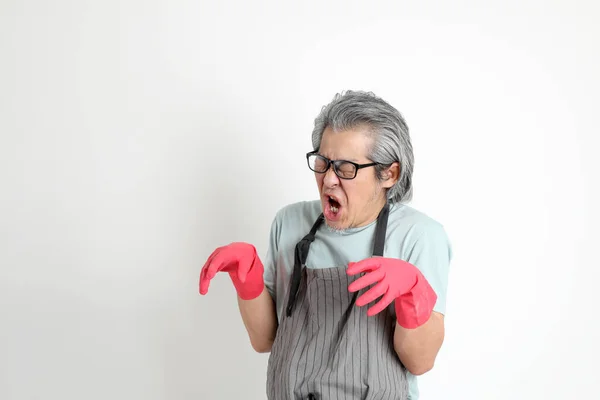 Senior Asian Housekeeper Standing White Background — Stock Photo, Image