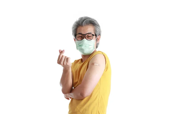 Senior Asian Man Mask Showing Plaster His Shoulder — Stock Photo, Image