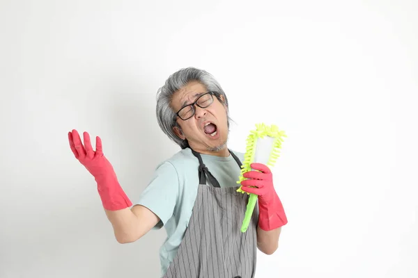 Senior Asian Housekeeper Standing White Background — Stock Photo, Image