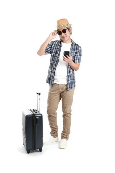 Senior Asian Man Standing Luggage White Background — Stock Photo, Image