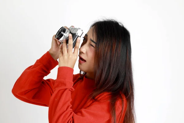 Mujer Asiática Pie Sobre Fondo Blanco —  Fotos de Stock