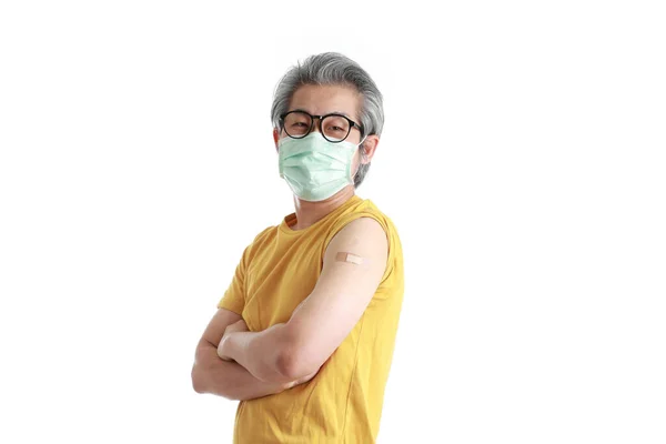 Senior Asian Man Mask Showing Plaster His Shoulder — Stock Photo, Image