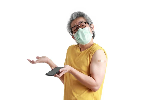 Senior Asian Man Mask Showing Plaster His Shoulder — Stock Photo, Image