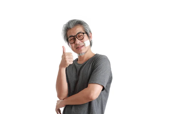 Vieil Homme Asiatique Avec Plâtre Sur Joue — Photo