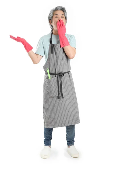 Senior Asian Housekeeper Standing White Background Stock Photo by