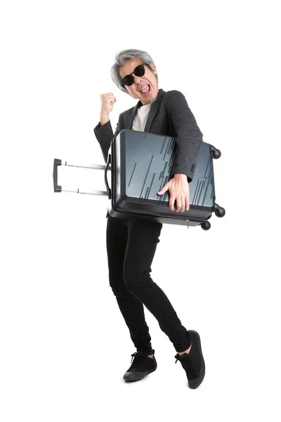 Senior Asian Businessman Standing Luggage White Background Stock Image