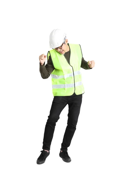 Senior Aziatische Man Arbeidsuniform Witte Achtergrond — Stockfoto