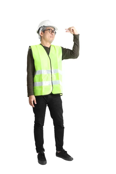 Senior Aziatische Man Arbeidsuniform Witte Achtergrond — Stockfoto