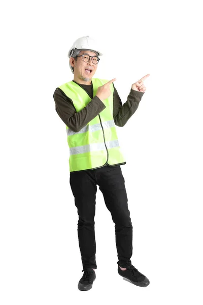 Senior Aziatische Man Arbeidsuniform Witte Achtergrond — Stockfoto