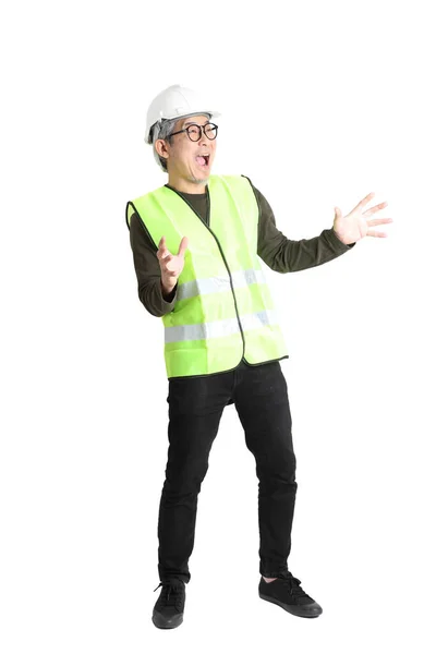 Senior Asian Man Labor Uniform White Background — Stock Photo, Image