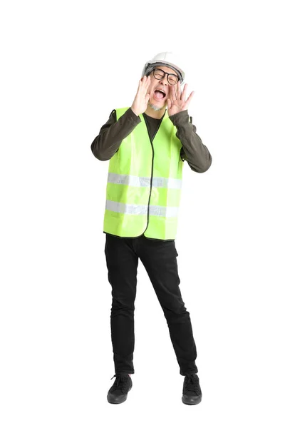 Senior Asian Man Labor Uniform White Background — Stock Photo, Image