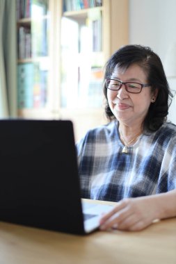 Dizüstü bilgisayar kullanan yaşlı Asyalı kadın..