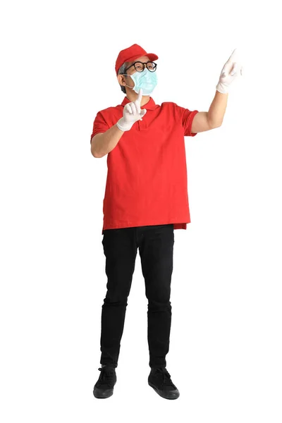 Senior Aziatische Postbode Met Gezichtsmasker Witte Achtergrond — Stockfoto