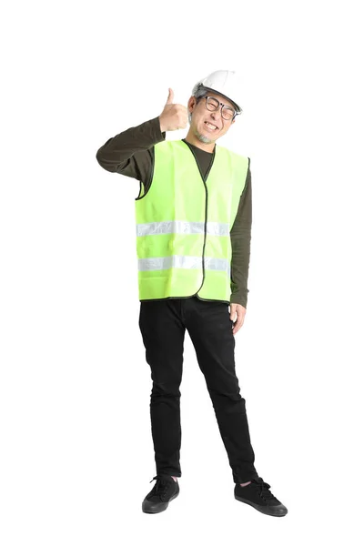 Senior Aziatische Man Arbeidsuniform Witte Achtergrond — Stockfoto