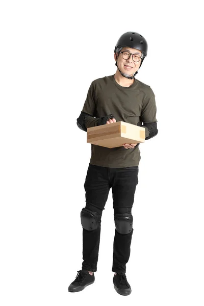 Aziatische Man Met Beschermend Materiaal Witte Achtergrond — Stockfoto
