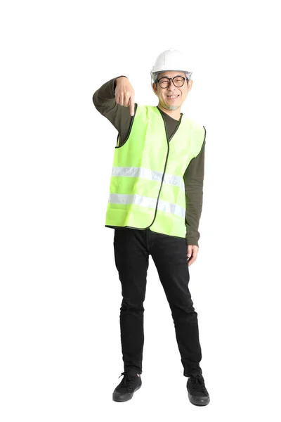 Senior Asian Man Labor Uniform White Background — Stock Photo, Image