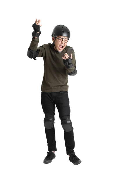 Asian Man Protective Gear Standing White Background — Stock Photo, Image