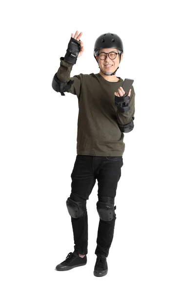 Asian Man Protective Gear Standing White Background — Stock Photo, Image