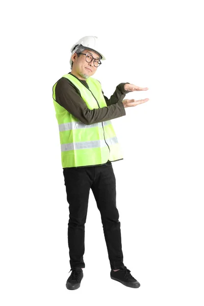 Senior Aziatische Man Arbeidsuniform Witte Achtergrond — Stockfoto