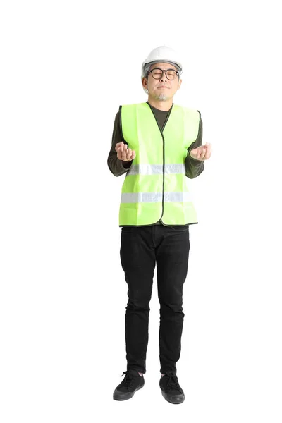 Senior Aziatische Man Arbeidsuniform Witte Achtergrond — Stockfoto