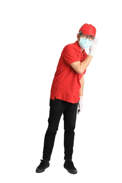 Senior Aziatische Postbode Met Gezichtsmasker Witte Achtergrond — Stockfoto