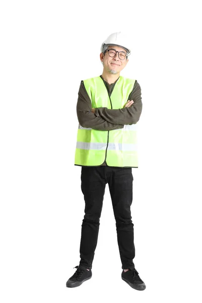 Homem Asiático Sênior Uniforme Trabalho Fundo Branco — Fotografia de Stock