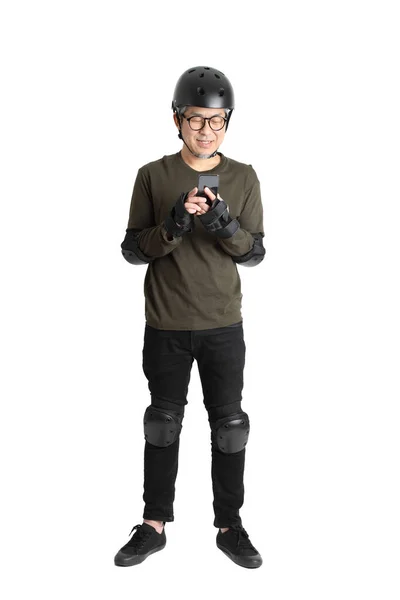 Homme Asiatique Avec Équipement Protection Debout Sur Fond Blanc — Photo