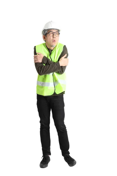 Homem Asiático Sênior Uniforme Trabalho Fundo Branco — Fotografia de Stock