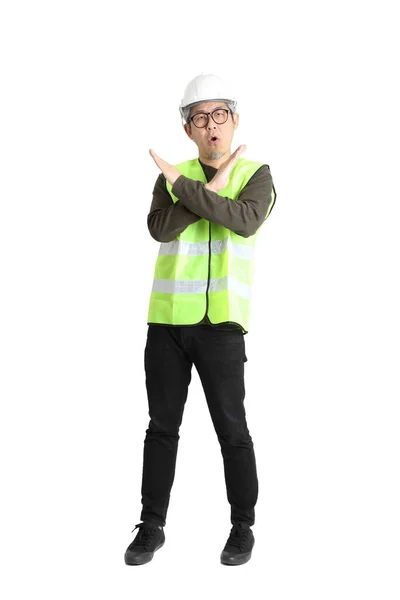 Senior Asian Man Labor Uniform White Background — Stock Photo, Image