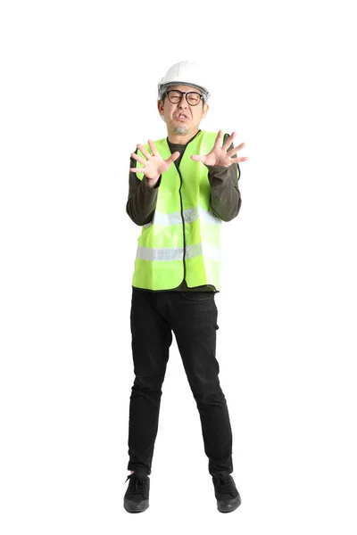 Senior Asian Man Labor Uniform White Background — Stock Photo, Image