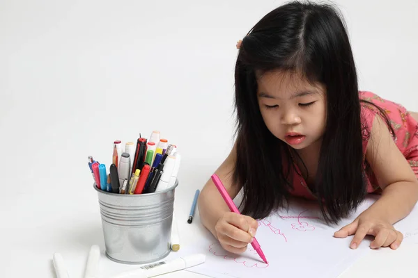 Asian Girl Drawing Picture White Background Stock Image