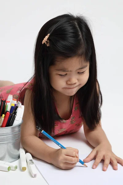Asian Girl Drawing Picture White Background Stock Photo