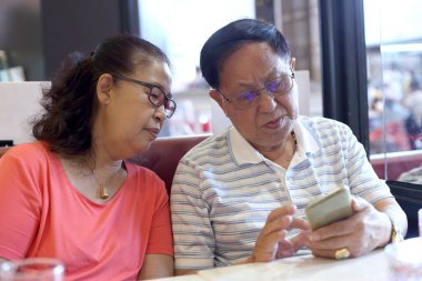 Akıllı telefon kullanan kıdemli Asyalı çift..