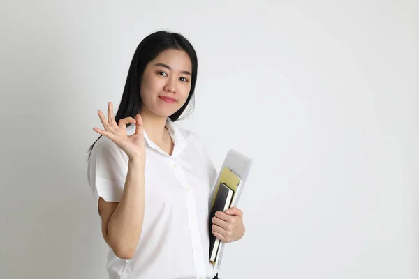 Asian Girl University Uniform Standing White Background — Stock Photo, Image