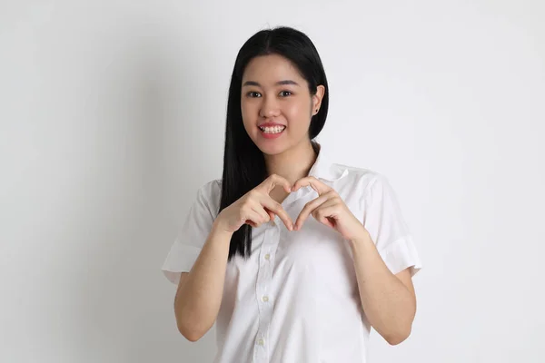 Het Aziatische Meisje Universiteit Uniform Staan Witte Achtergrond — Stockfoto