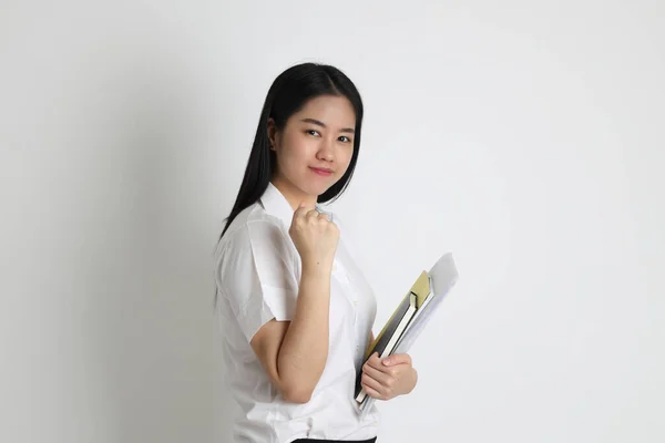 Menina Asiática Uniforme Universitário Sobre Fundo Branco — Fotografia de Stock