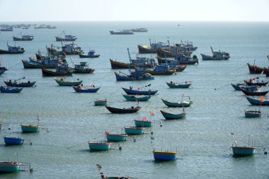 Mui Ne, Vietnam - 21 Aralık 2019: Mui Ne, Vietnam 'daki bir grup balıkçı teknesi.