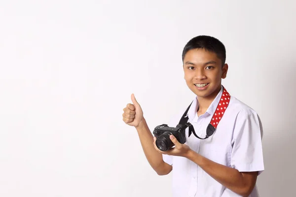 Jovem Estudante Tailandês Fundo Branco — Fotografia de Stock