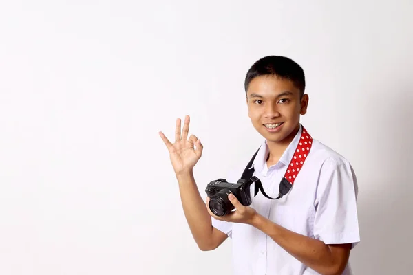 Jonge Thaise Student Jongen Witte Achtergrond — Stockfoto