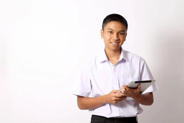 Den Unga Thailändska Student Pojke Vit Bakgrund — Stockfoto